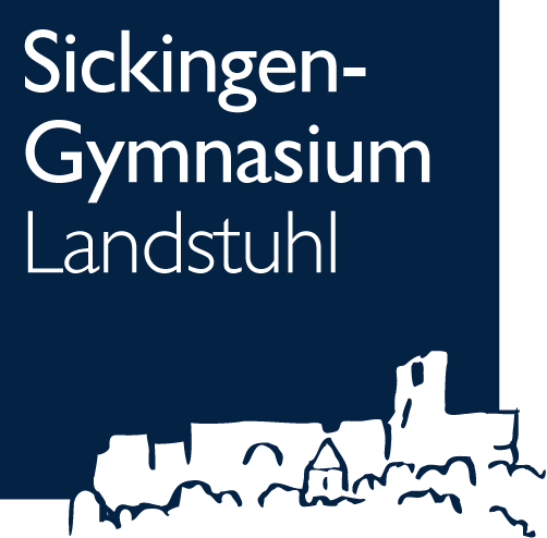 Das Logo des Sickingen-Gymnasiums. Dunkelblaues Quadrat mit weißem Schriftzug des Schulnamens in der linken oberen Ecke. Silhouette der Burg Nanstein im Anschnitt unten rechts.